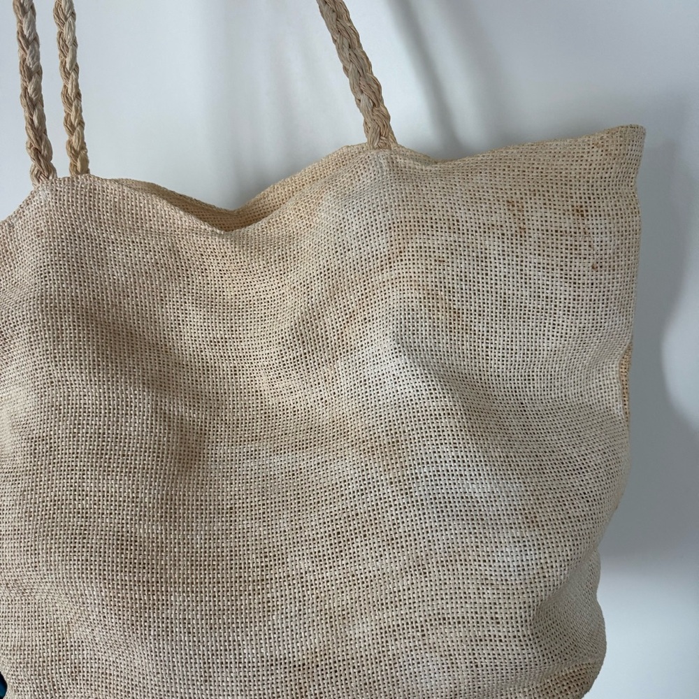 Beige Floral Embroidered Straw Tote Bag - Picture 9 of 9